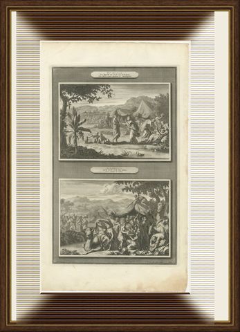 Leah and the Mandrakes and Jacob Flees from Laban, Mortier Bible circa 1700, shown framed
