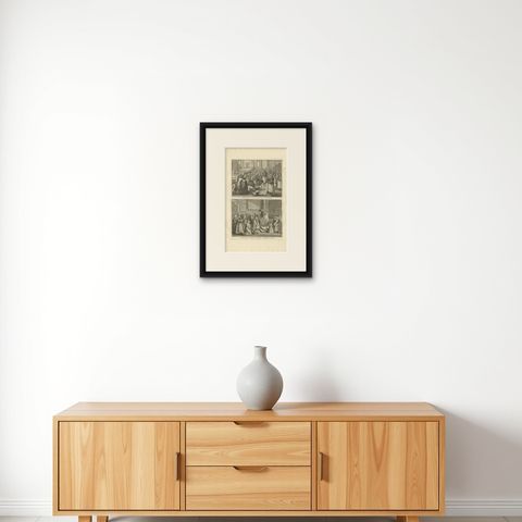 Antique Print of Two Religious Ceremonies by B. Picart, 1724, shown framed on a wall, true to size