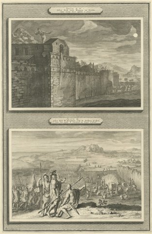 Rahab and the Spies and the Crossing of the Jordan, Mortier Bible circa 1700