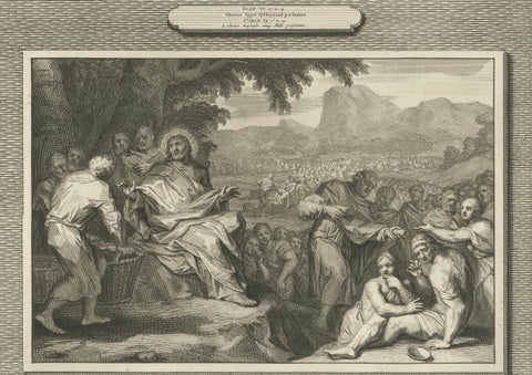 Antique Religious Engravings, Christ Healing at Bethesda & Feeding 5000, c.1700, close-up 3