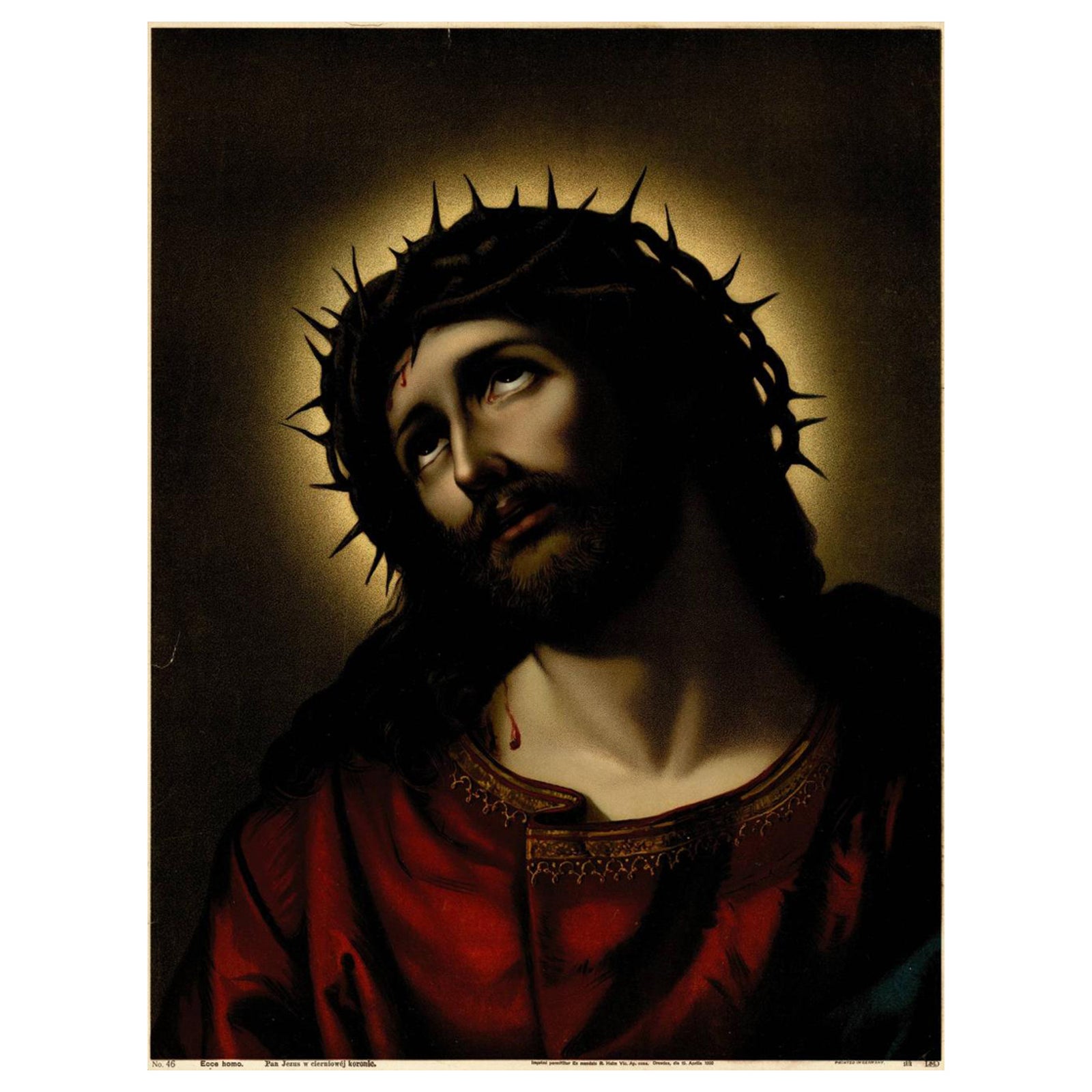 Ecce Homo, 1899 German Chromolithograph of Christ with Crown of Thorns (Dresden)
