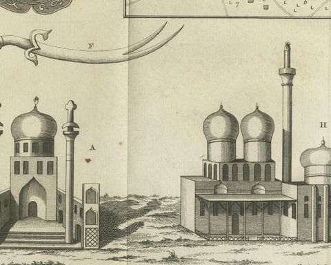 Shrine Buildings, Medallions and Plan of Mesched Ali, Niebuhr Print, 1780, close-up 3