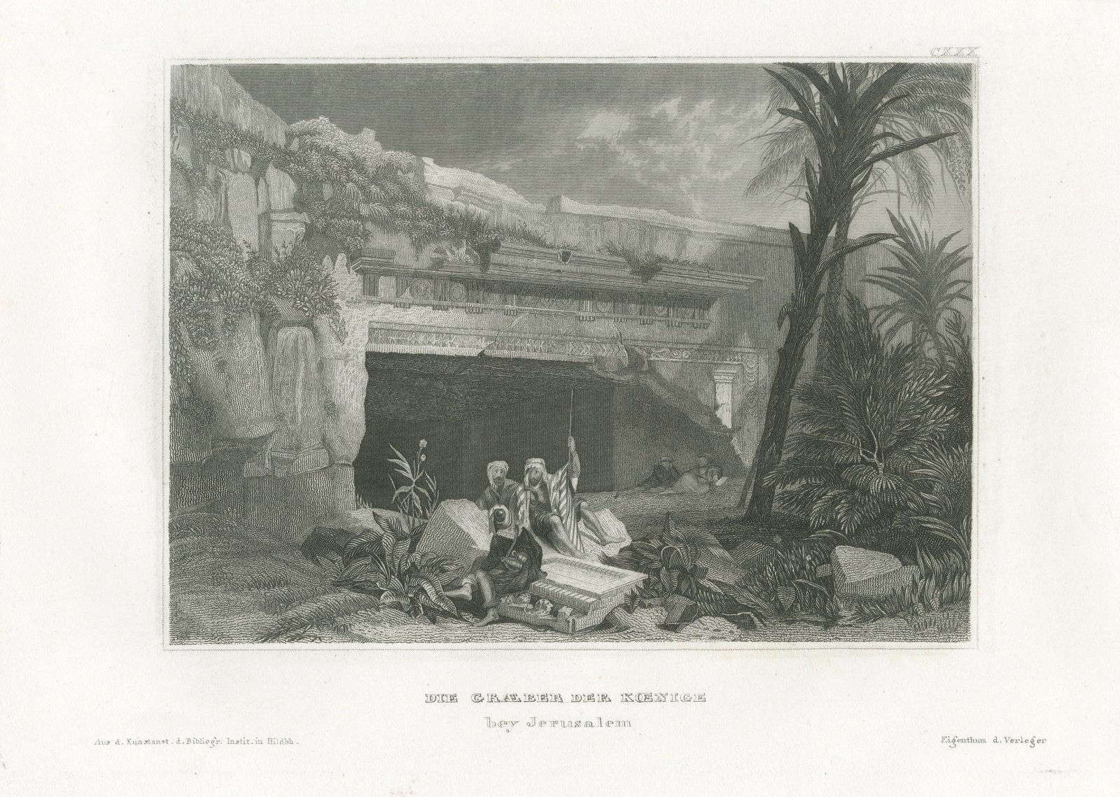 Tombs of the Kings near Jerusalem, Antique Rock Cut Facade View, circa 1850