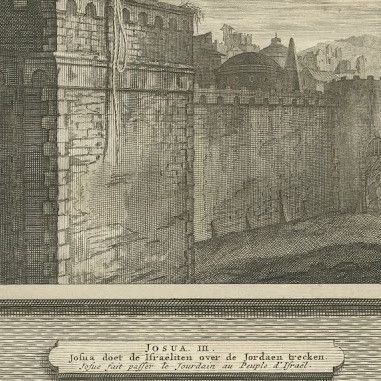 Rahab and the Spies and the Crossing of the Jordan, Mortier Bible circa 1700, close-up 2