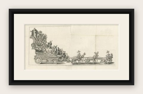 Rare Antique Religious Engraving of a Horse Drawn Float, 1775, shown framed
