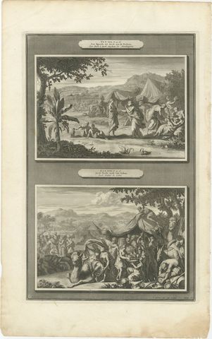 Leah and the Mandrakes and Jacob Flees from Laban, Mortier Bible circa 1700, view 2