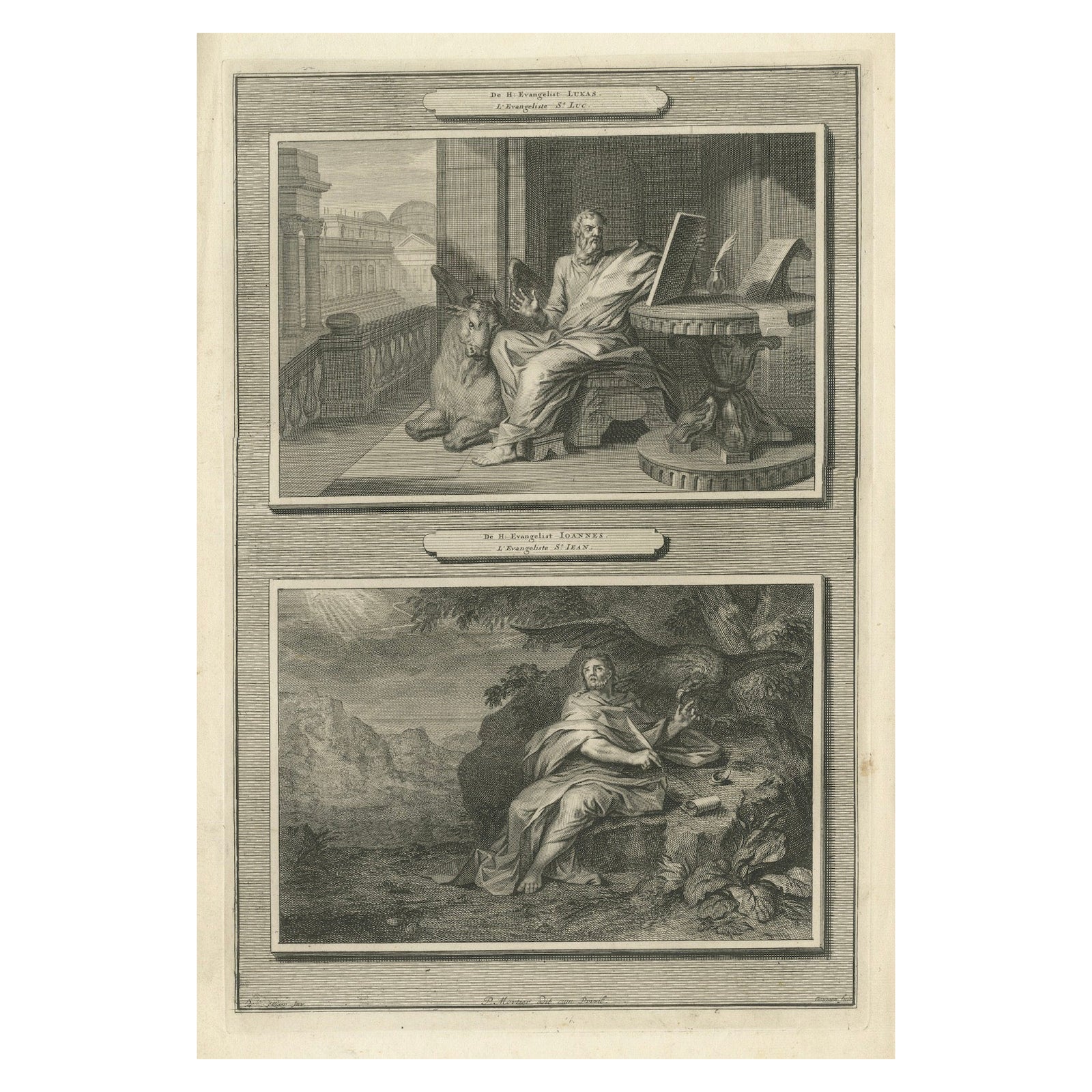 Antique Christian Wall Art, Evangelists Luke and John, Mortier ca.1700