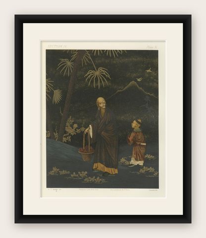 Japanese Monk and Young Attendant: Antique Lithograph, 1880s, shown framed