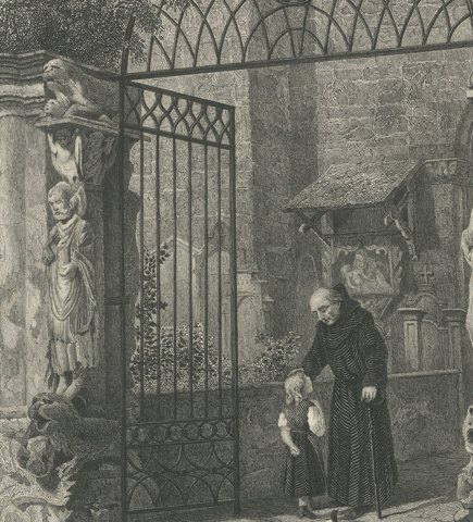Cathedral Gateway, Chur, Antique Steel Engraving after S. Hodson, circa 1876, close-up 3