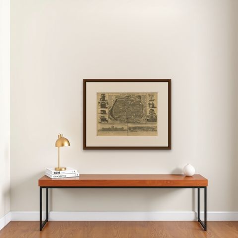 Antique Bible Plan of Ancient Jerusalem, 1743, shown framed on a wall, true to size