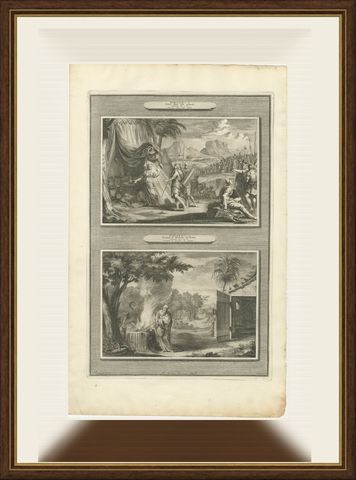 Jael Kills Sisera and the Calling of Gideon, Mortier Bible circa 1700, shown framed