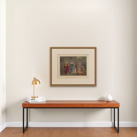 Antique Religious Print "No. 30" the Denial of Peter, circa 1840, shown framed on a wall, true to size