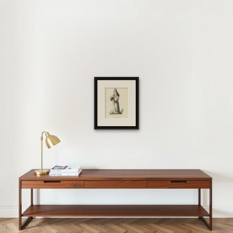 Antique Print of a Trinitarian Nun, 1845, shown framed on a wall, true to size