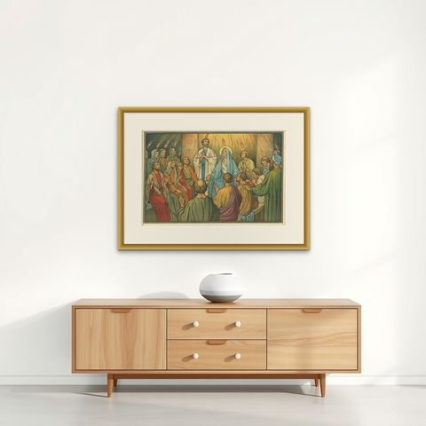 Antique Religion Print of the Descent of the Holy Spirit, 1913, shown framed on a wall, true to size