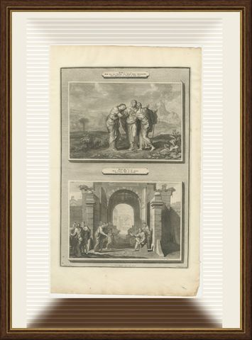 Ruth and Naomi and Boaz Takes Ruth as His Wife, Mortier Bible circa 1700, shown framed