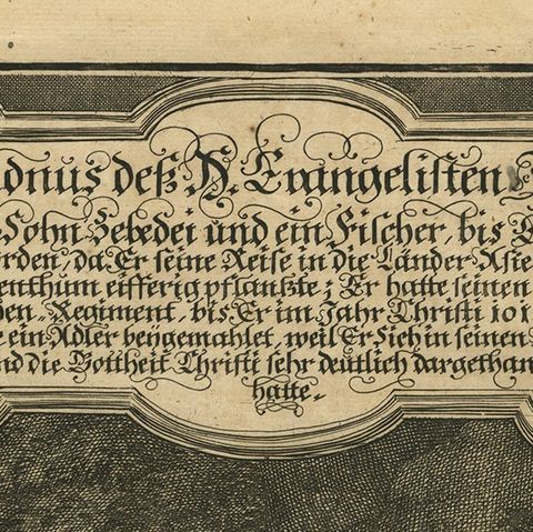 Antique Portrait of John the Evangelist, German Bible Illustration, 1708, close-up 2