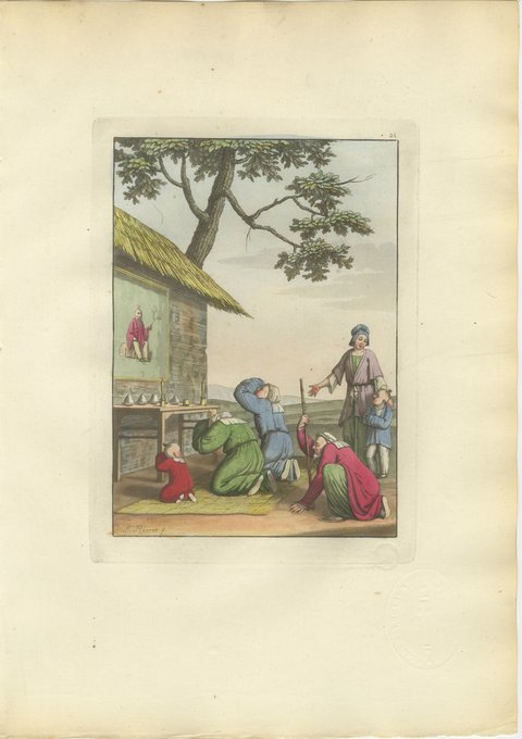Antique Hand-Colored Print of Worship at a Chinese Shrine, Ferrario, 1815, view 2