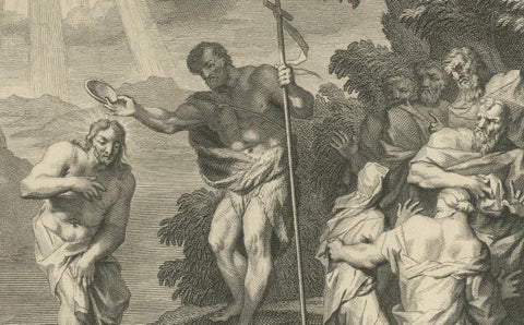 John the Baptist & Baptism of Christ, Pieter Mortier Engraving, ca.1700, close-up 2