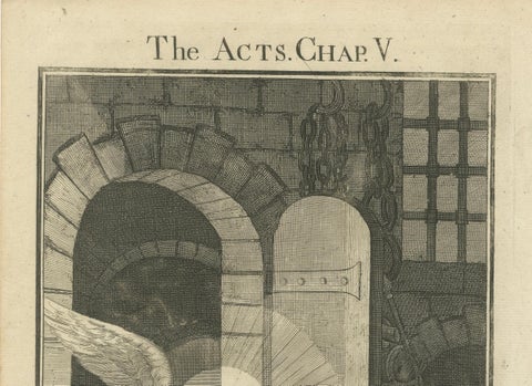 Apostles Released by Angel, Acts V Antique Engraving c.1735, close-up 3