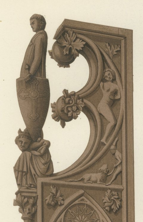 Carved Oak Stalls, Cologne and Aosta, Antique Print, 1851, close-up 1