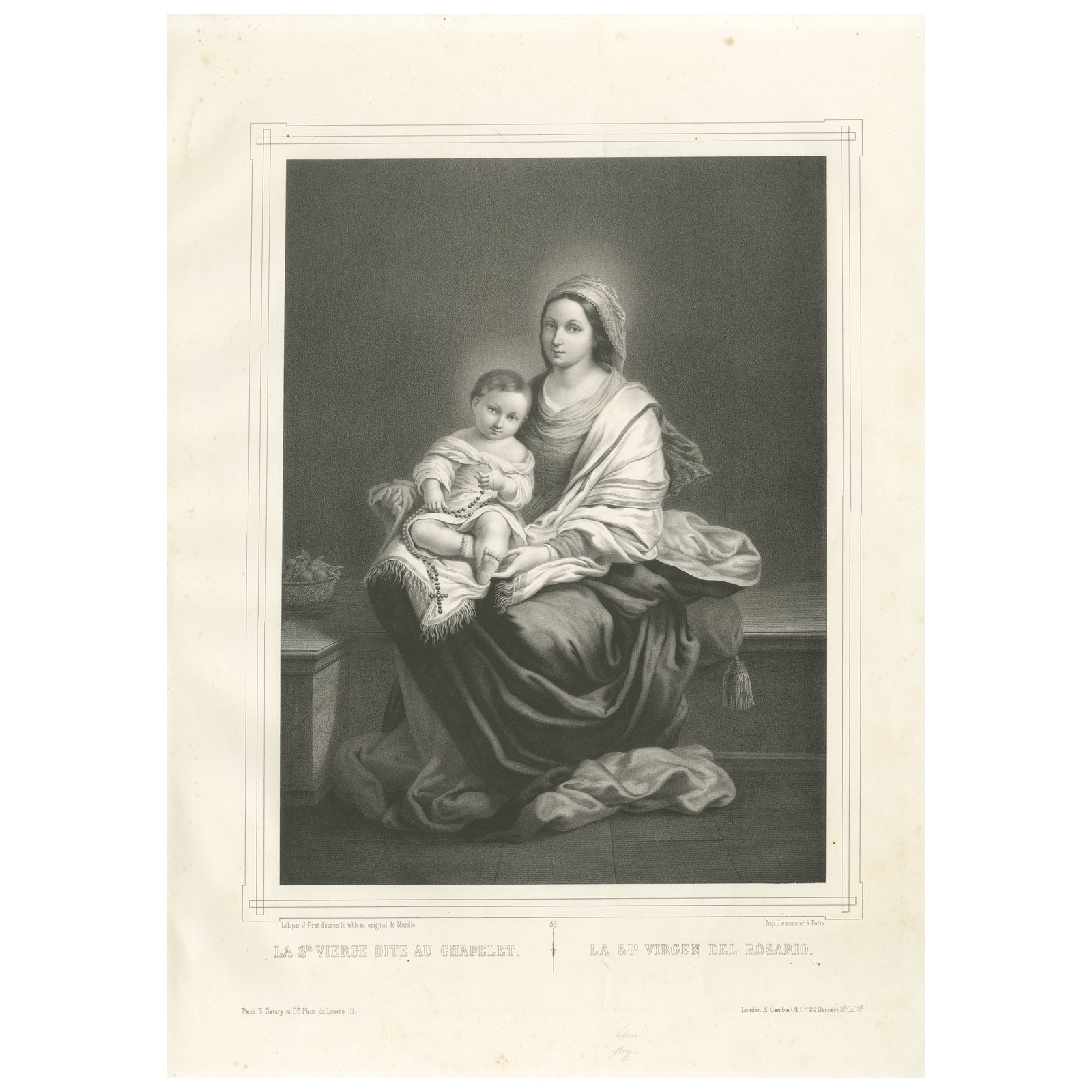 Madonna and Child with Rosary, Antique French Religious Print, c.1850