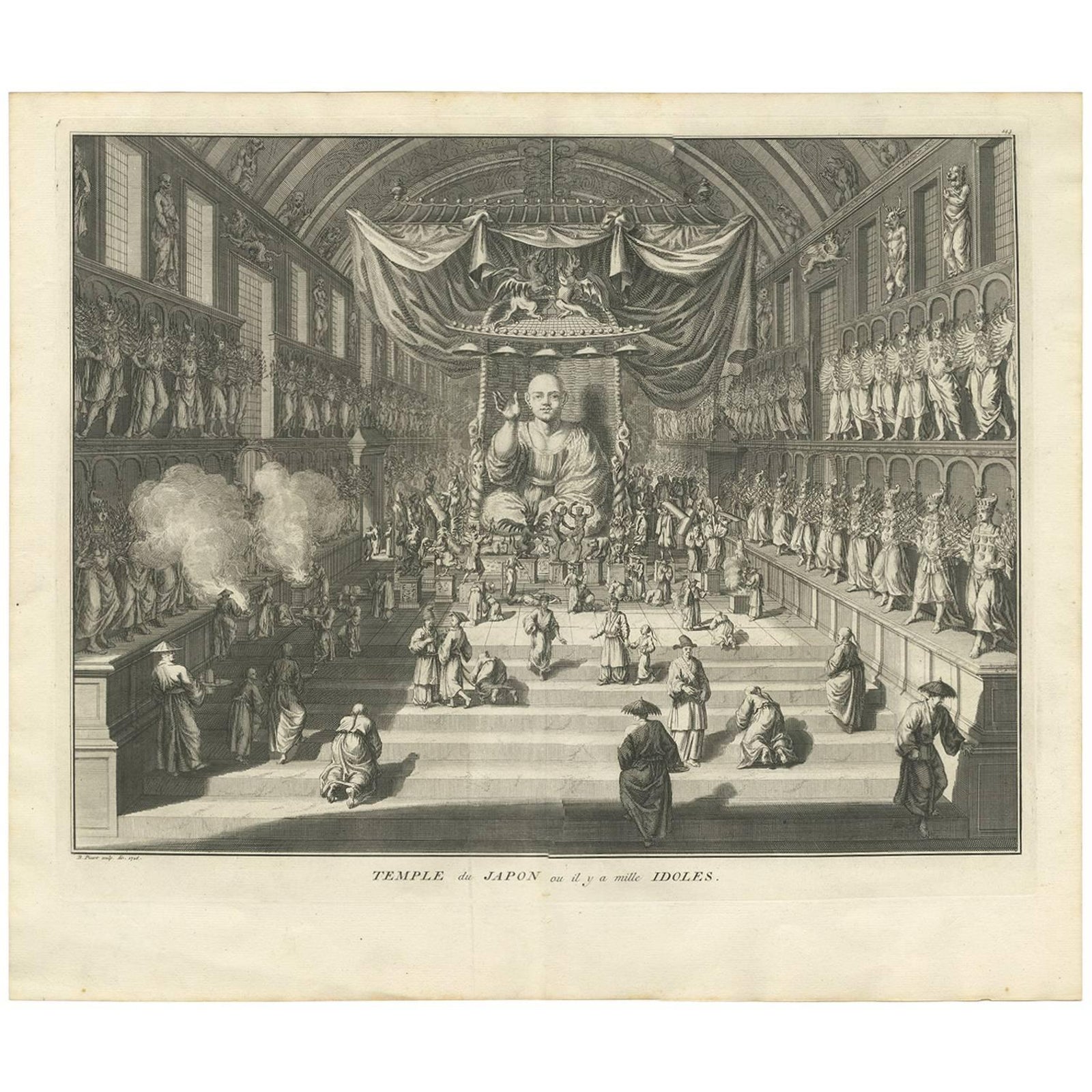 Antique Print of a Temple in Japan with Religious Idols by B. Picart, 1726