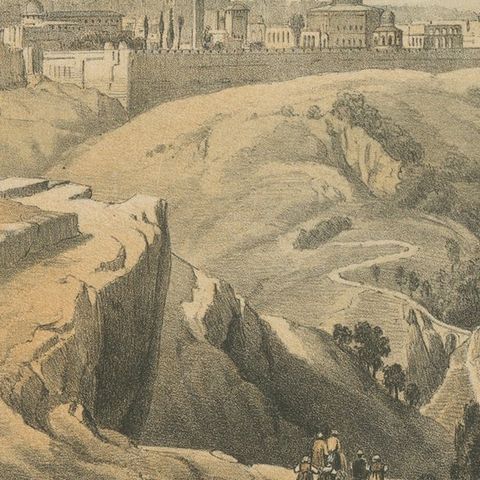 Antique Lithograph of Jerusalem from the Road leading to Bethany, close-up 2