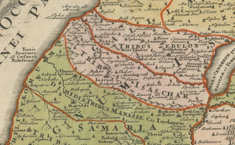 1718 Holy Land Map, Twelve Tribes, Six Provinces, Hand-Colored, Antique Map, close-up 1