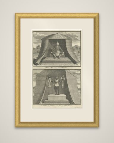 Engraving of Idols of Secotam Village in Virginia 'or now North Carolina', 1721, shown framed