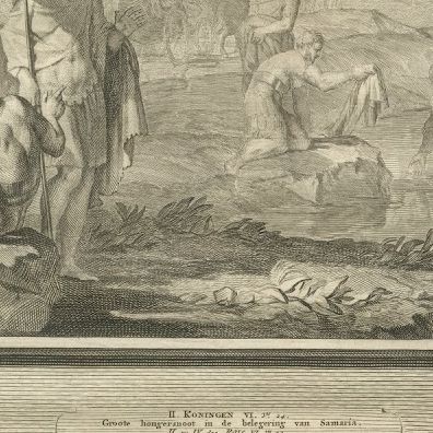 Naaman Healed in the Jordan and Famine in Samaria, Pieter Mortier, circa 1700, close-up 2