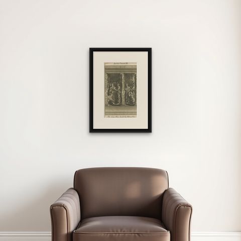 Peter & John Heal the Lame Man, Acts III Engraving c.1735, shown framed on a wall, true to size