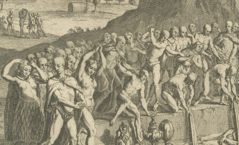 Funeral Rites and Burial of Inca Nobles, 1734 Engraving of Old Peruvian Customa, close-up 1