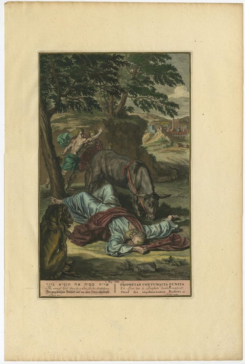 Original Antique Print Showing the Prophet Killed by a Lion 'I Kings XII', 1728, view 2