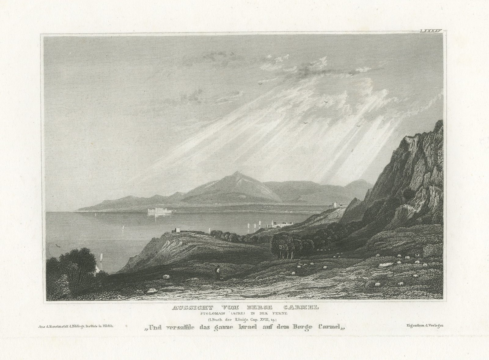 View from Mount Carmel toward Acre, Antique Holy Land Engraving, circa 1850