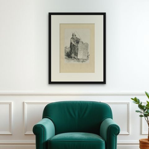 Moses with the Ten Commandments by Léon Noël, French Lithograph, 1844, shown framed on a wall, true to size
