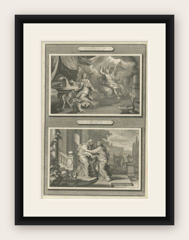 Antique Christian Art Print, Annunciation of Mary & Visitation, Mortier 1700, shown framed