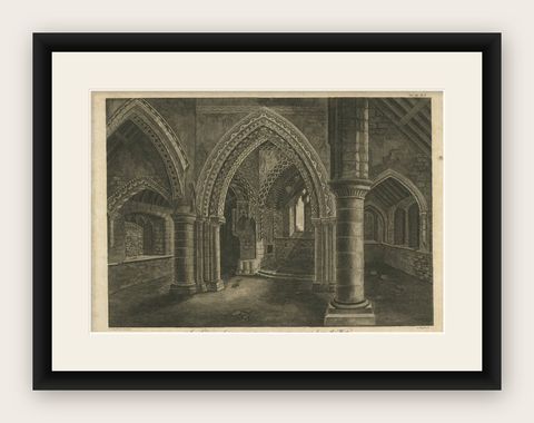 Inside View of Magdalen Chapel, Engraving of Medieval Gothic Interior, 1790, shown framed