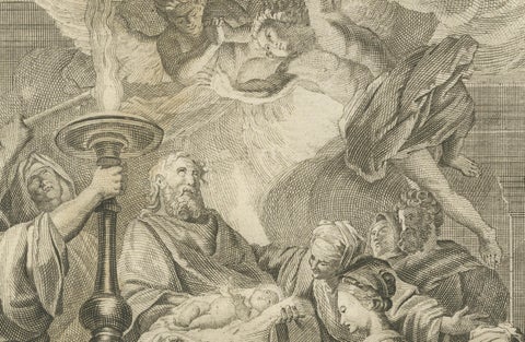 Old Biblical Engravings, Luke: Simon, Simeon’s Prophecy & Circumcision, c.1735, close-up 2