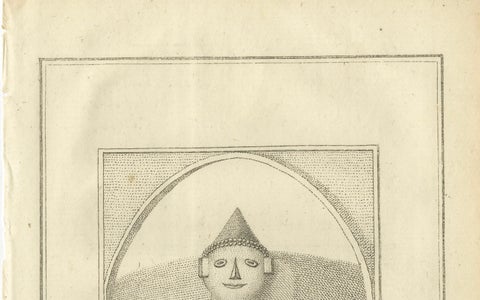 Seated Buddha at Gaya, Antique Dutch Print of a Statue in Bengal, ca. 1800, close-up 1