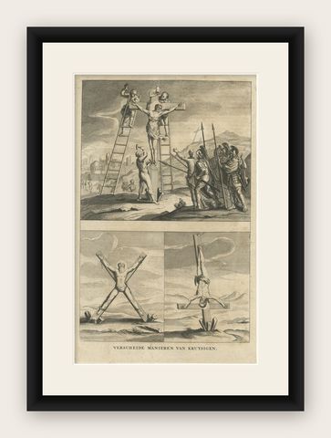 Religious Antique Engraving of the Various Ways of Crucifixion, 1731, shown framed