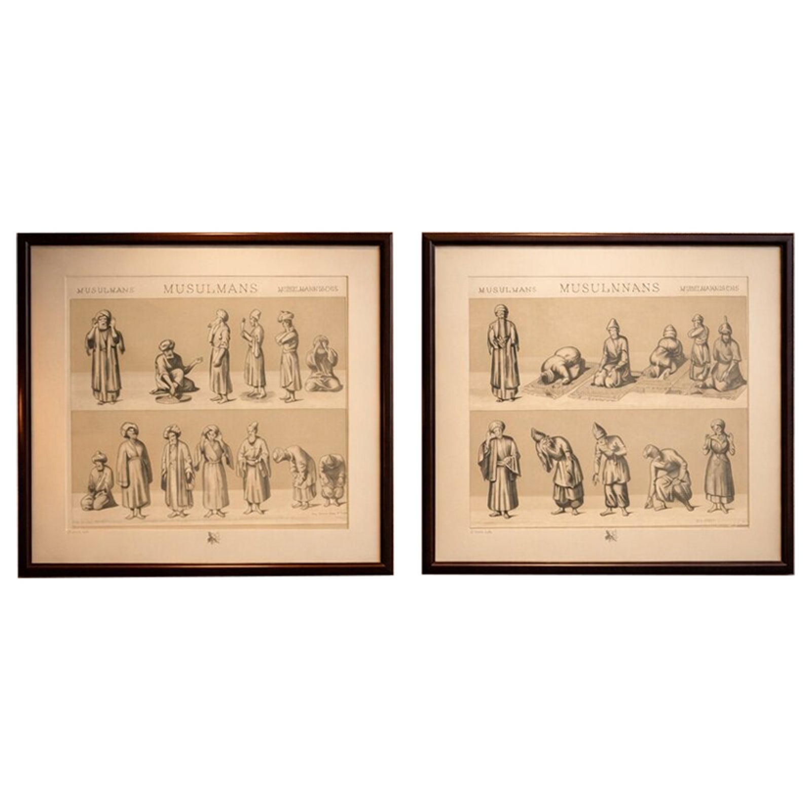 Islamic Prayer Lithographs, Muslims Worship Postures, Paris 1888 Set
