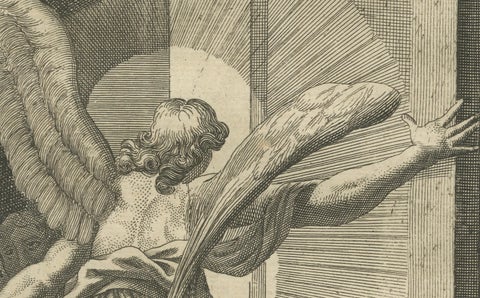 Apostles Released by Angel, Acts V Antique Engraving c.1735, close-up 5