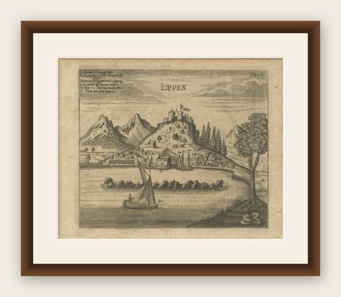 Antique View of Jaffa (Ioppen) Holy Land Engraving, Müller 1735, shown framed
