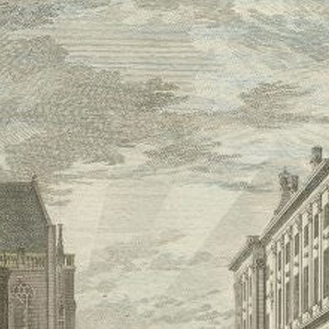 Antique Print of the City Hall and Church of Amsterdam by Tirion, 1766, close-up 2