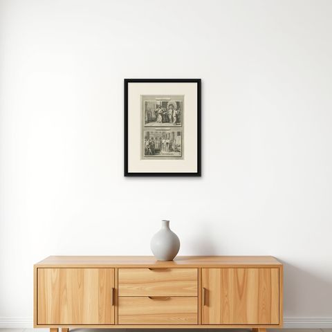Antique Biblical Engravings, Tribute to Caesar & Reading of the Law, ca.1700, shown framed on a wall, true to size
