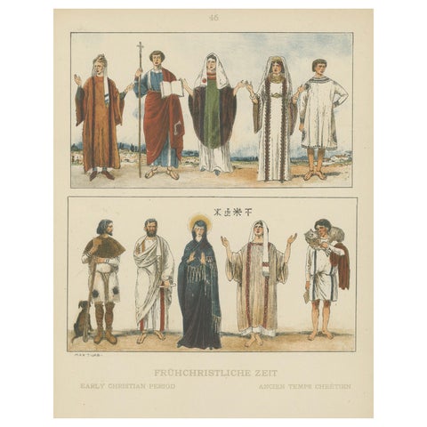 Early Christian Period Costume Plate, Antique Hand-Colored Print c.1880