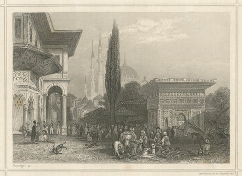 Antique Constantinople Street Scene Print, Ottoman Market Mosque View, c.1850, close-up 2