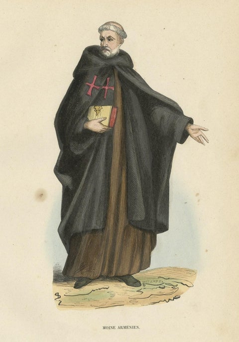 Antique Hand-Colored Print of an Armenian Monk, 1845, close-up 1