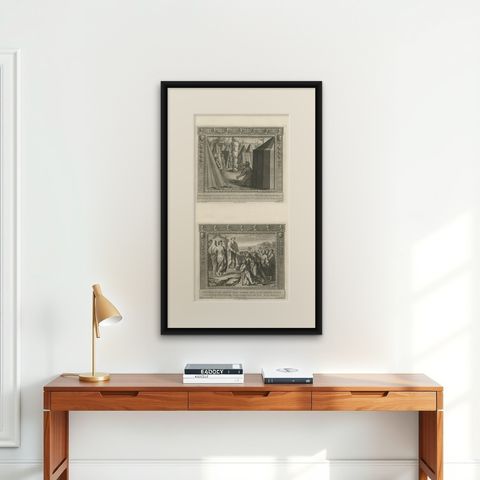 Antique Religion Print Depicting Moses Descending from Mount Sinai, C.1850, shown framed on a wall, true to size