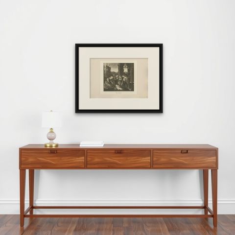 Antique Print of 'The Nativity' made after Lorenzo di Credi 'c.1890', shown framed on a wall, true to size